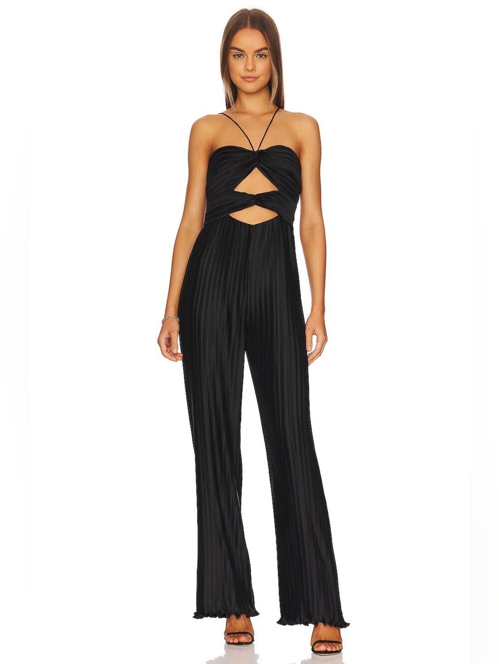 NWT Aiifos Miriam Black Pleated Cutout Keyhole Wide Leg Jumpsuit M